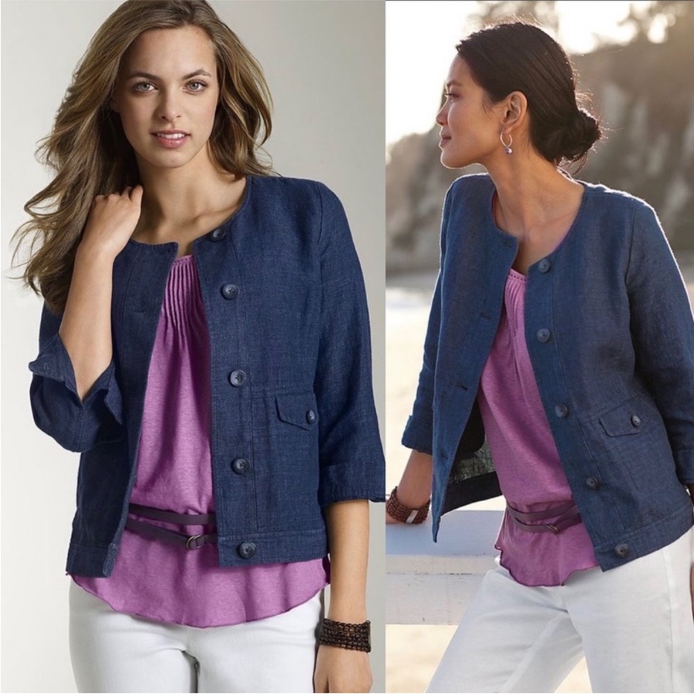 J.Jill 100% Linen Cropped Scoop Neck Button Front Blazer Jacket Indigo Small